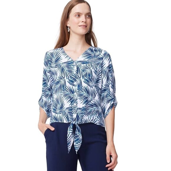 CHICO'S Caribbean Palms Tie-Front Blouse - Size Medium - Picture 1 of 9